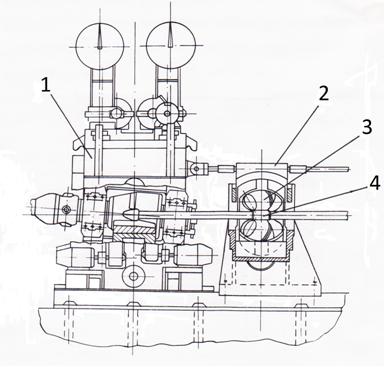 Схема оборудования для обкатки передних концов гильз на косовалковом стане 